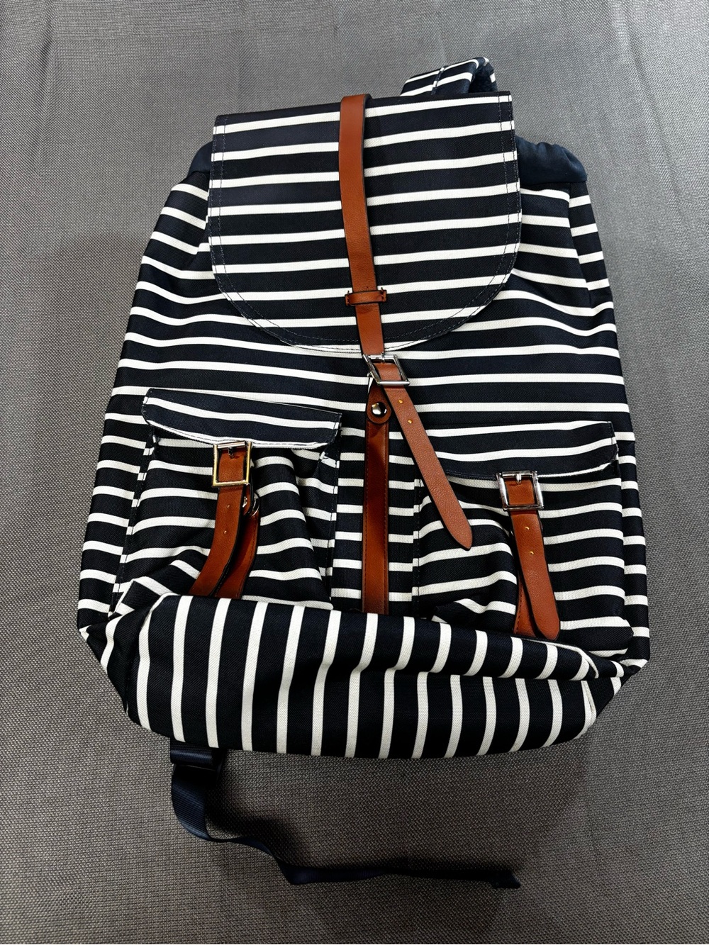 Striped Navy-White Canvas Backpack, adjustable straps, snap & drawstring closure